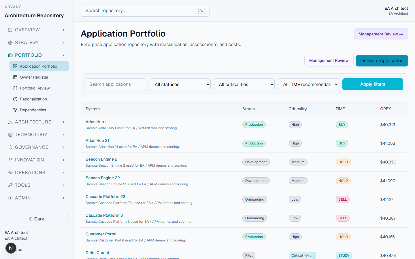 Application Portfolio screen in Arvane