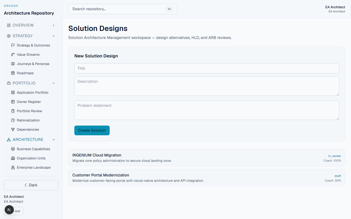 Solution Architecture screen in Arvane