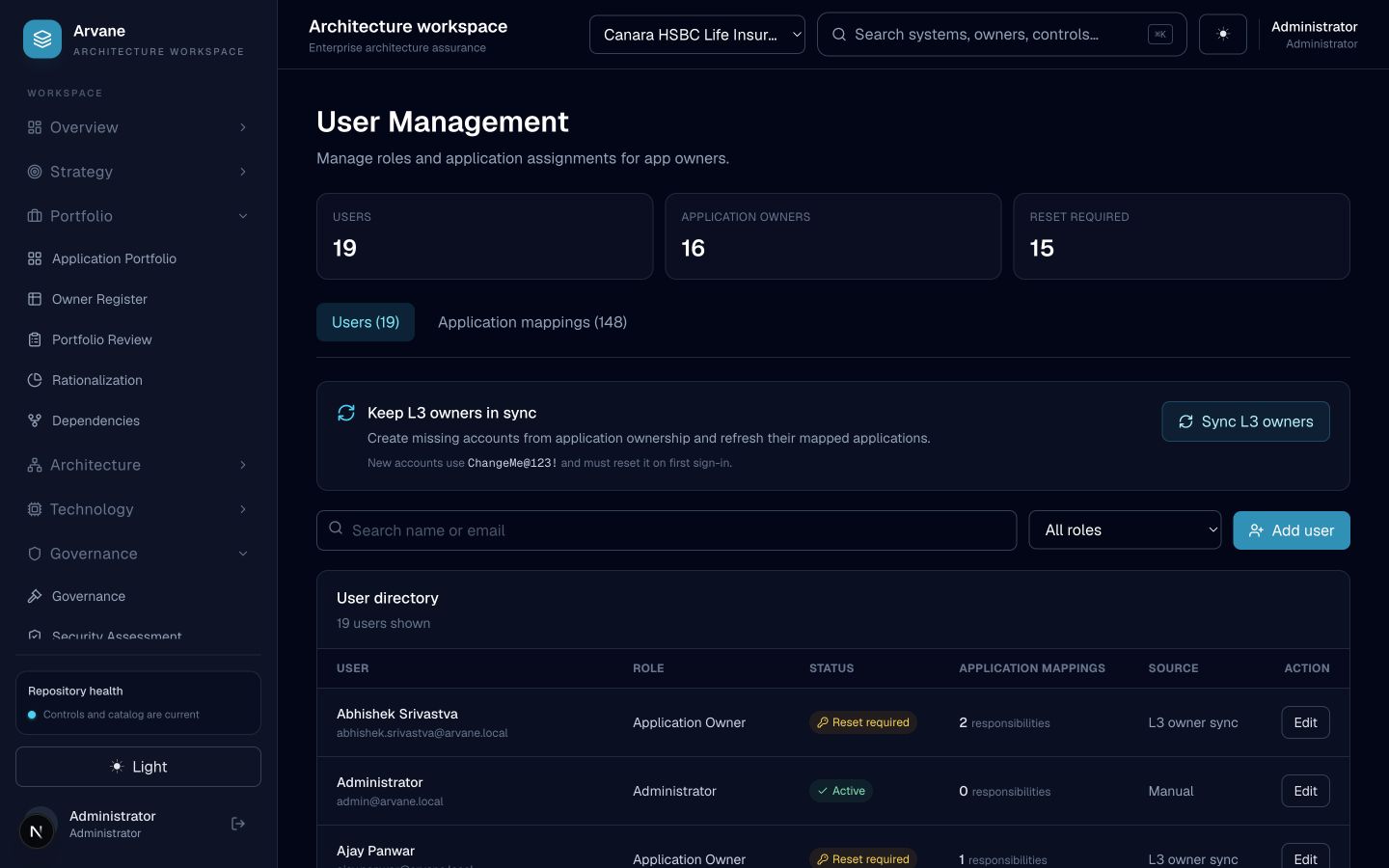 Administration & Integrations screen in Arvane